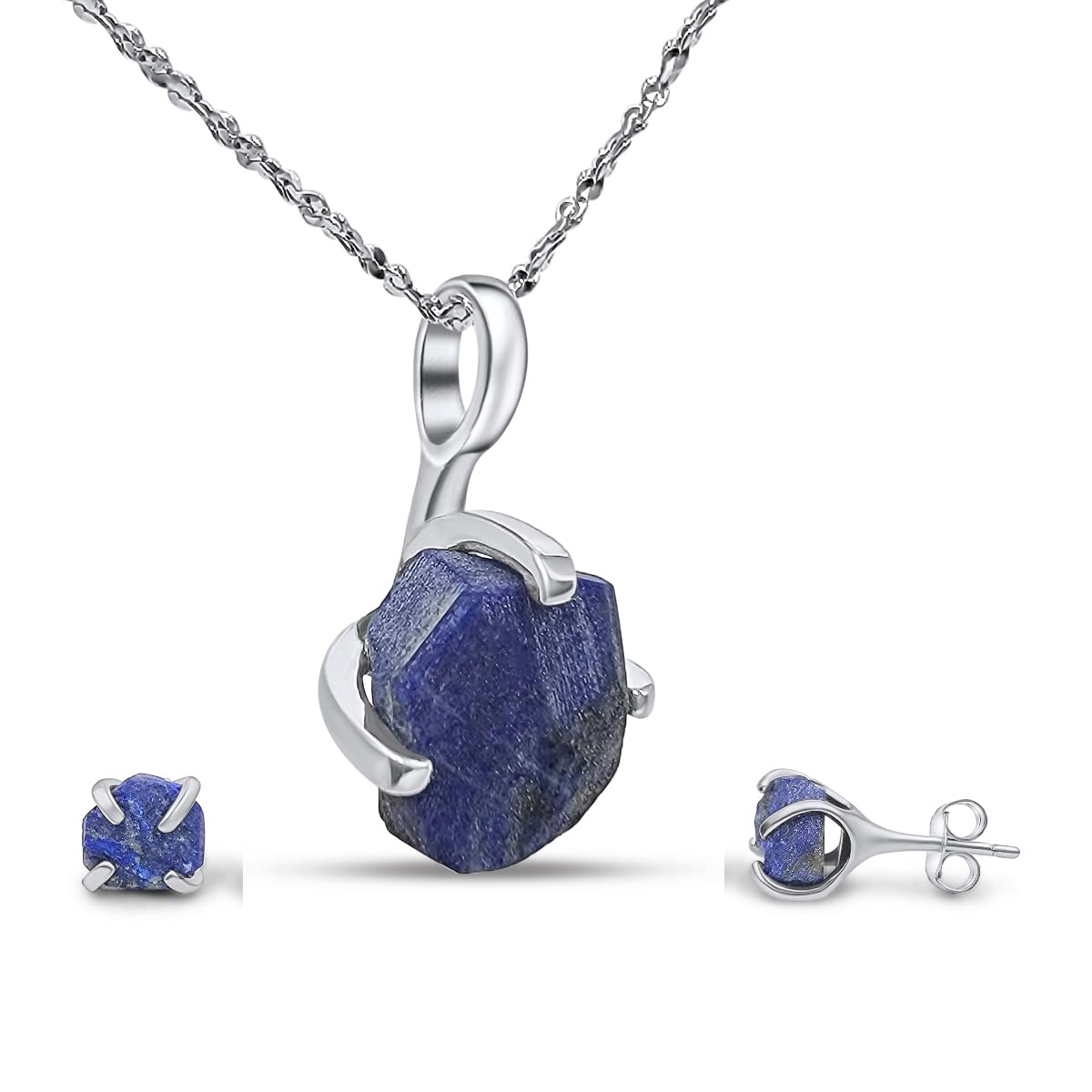Real Raw Lapis Lazuli Jewelry Set with 925 Sterling Silver