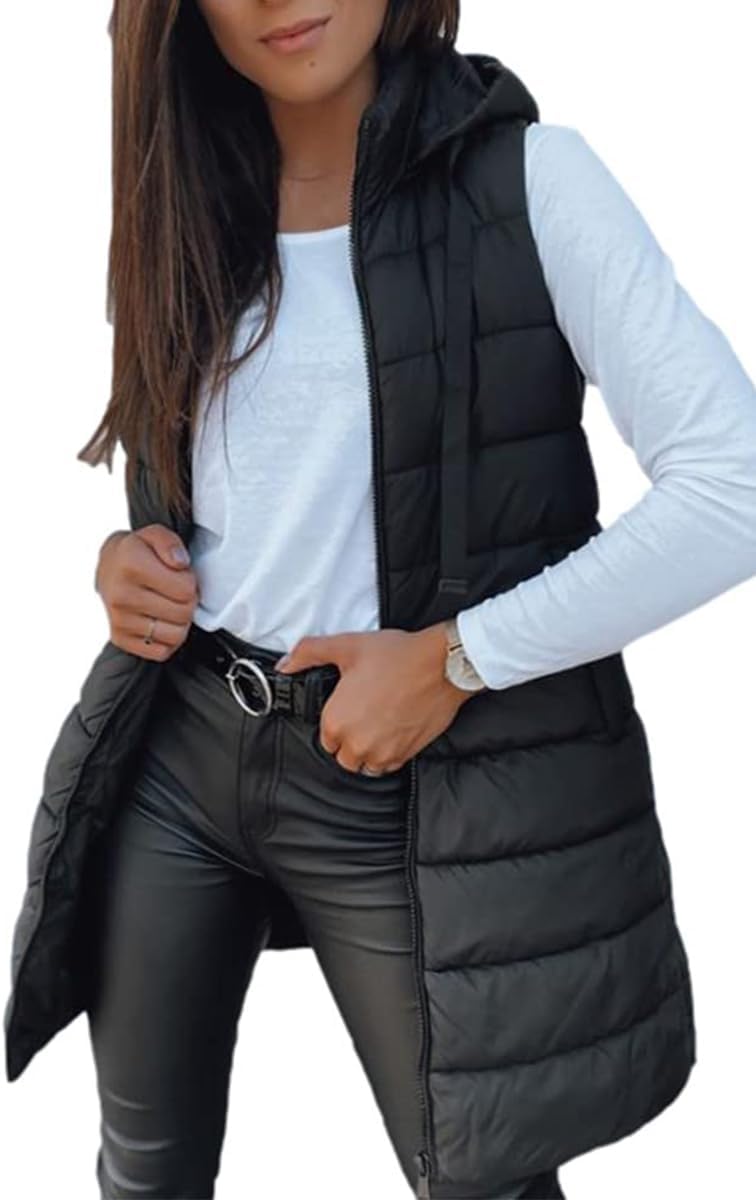 Long Hooded Puffer Vest for Women - Stylish and Lightweight