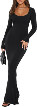 REORIA Womens Square Neck Long Sleeve Ribbed Maxi Dress - Slimming Fit