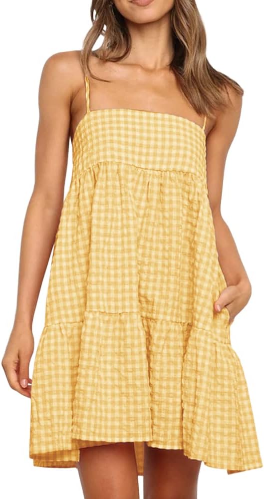 Womens Plaid A-line Dresses with Ruffle Hem and Side Pockets