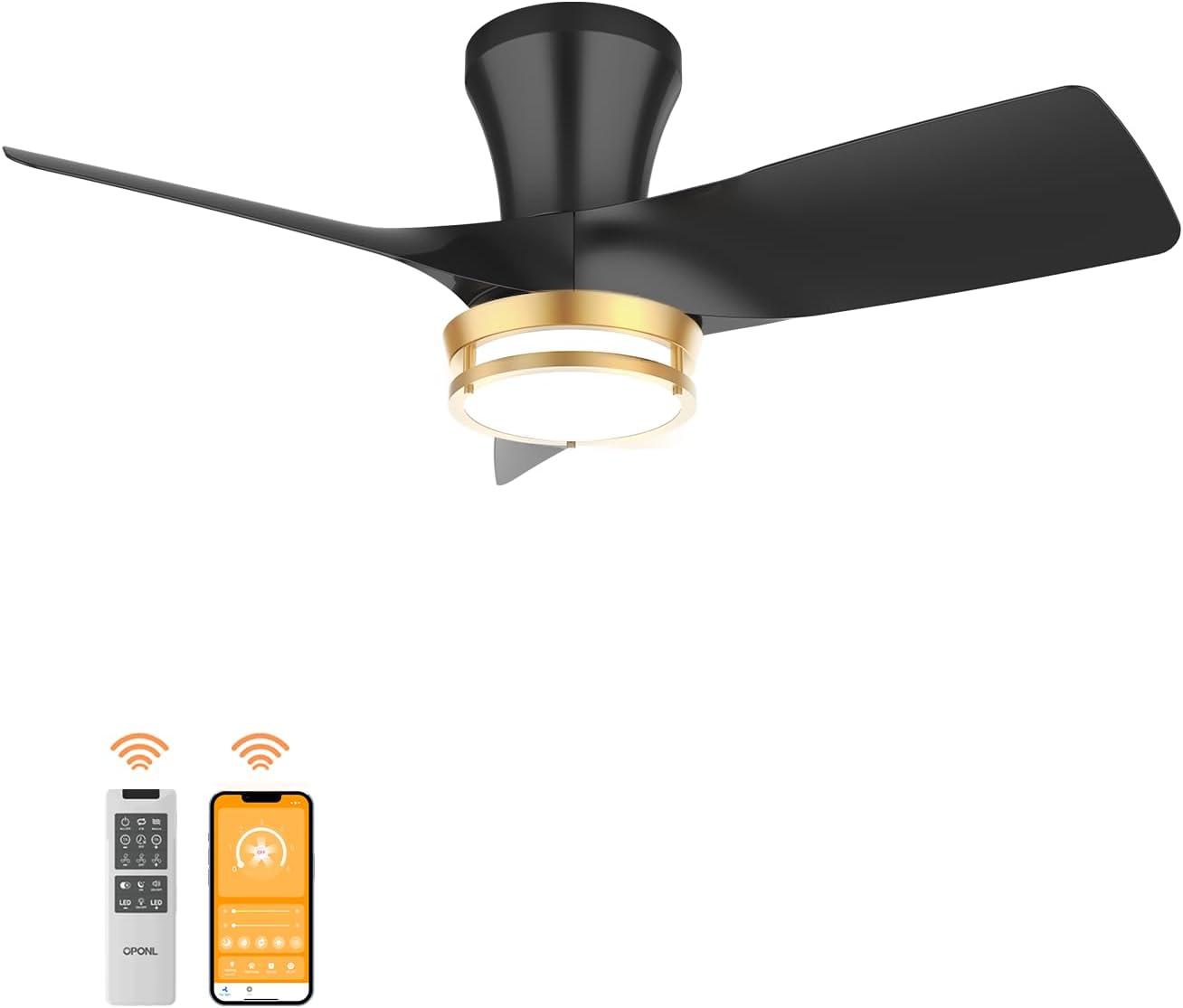 30 Inch Black Low Profile Ceiling Fan with Light and Gold Trim