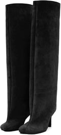 Knee High Nude Suede Wide Calf Square Toe Stiletto Boots - Elegant Fit