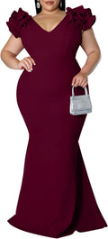 Plus Size Maxi Dress for Women - V-Neck Ruffle Sleeve Mermaid Gown