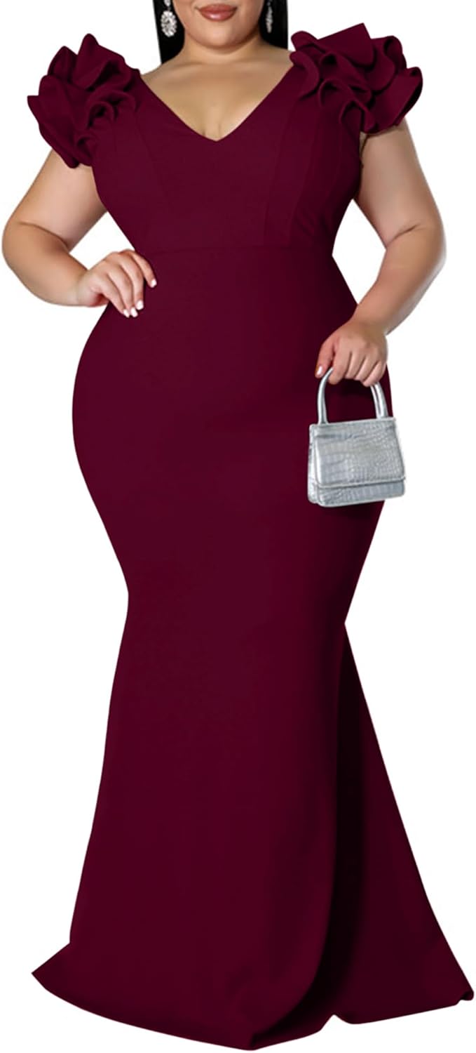 Elegant Plus Size Maxi Dress with Ruffle Sleeves for Women