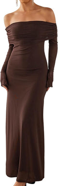 Off Shoulder Bodycon Maxi Dress - Ruched Mesh Party Dress