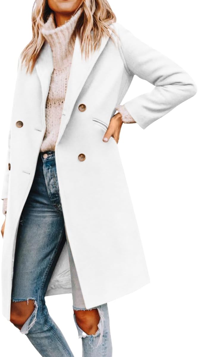 Yousify Womens Notched Lapel Collar Double Breasted Pea Coat
