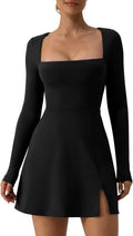Womens Square Neck Bodice Dress Long Sleeve - Flattering Mini