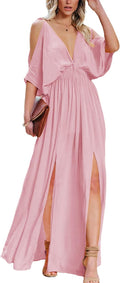 DEEP SELF Women Summer V Neck Cold Shoulder Maxi Dress - Flowy Split