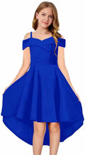 Girls Elegant Princess Cold Shoulder Pleated High Waist Flared A Line