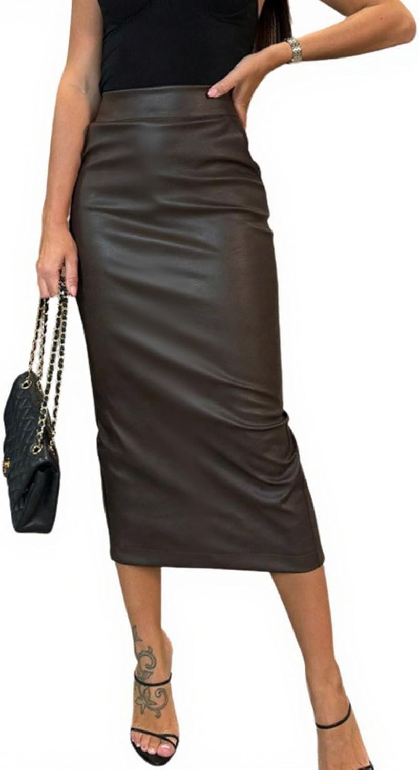 Faux Leather Midi Skirt for Women - High Waist Bodycon Style