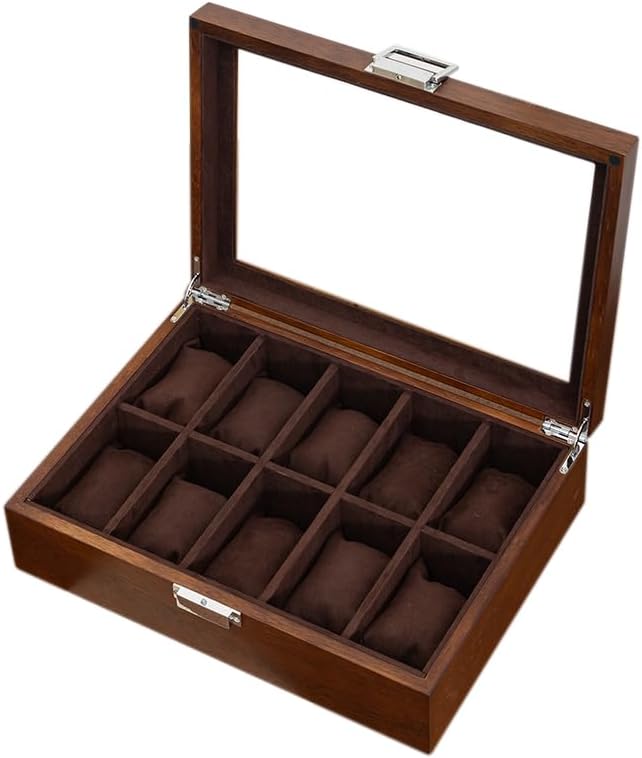10-Slot Wooden Watch Box with Glass Lid - Father's Day Gift