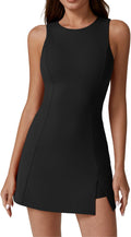 QINSEN Womens Crew Neck Tennis Dress Sleeveless Side Slit