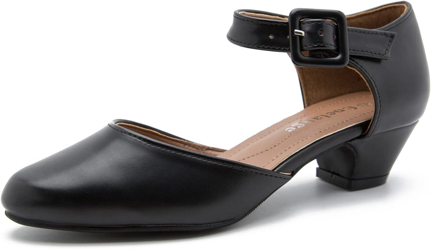 Enelauge Women's Ankle Strap Closed Toe Low Chunky Heel Pumps