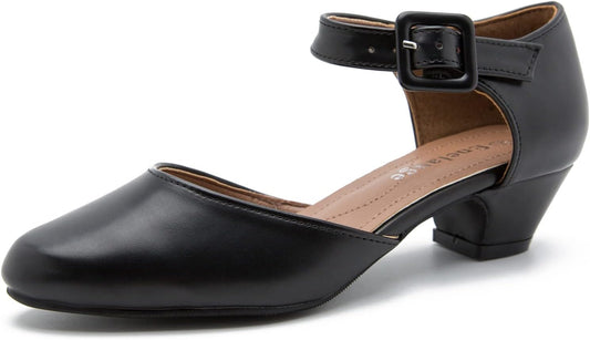 Stylish Women's Ankle Strap Closed Toe Low Chunky Heel Pumps