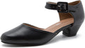 Women's Black Ankle Strap Closed Toe Low Chunky Heel Pumps