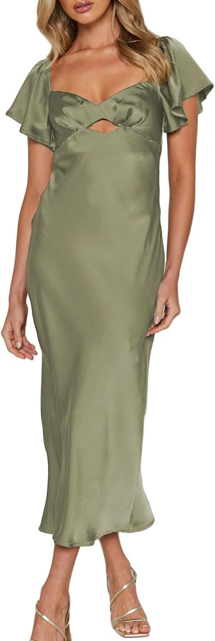 Summer Satin Flutter Sleeve Wedding Guest Dresses for Women