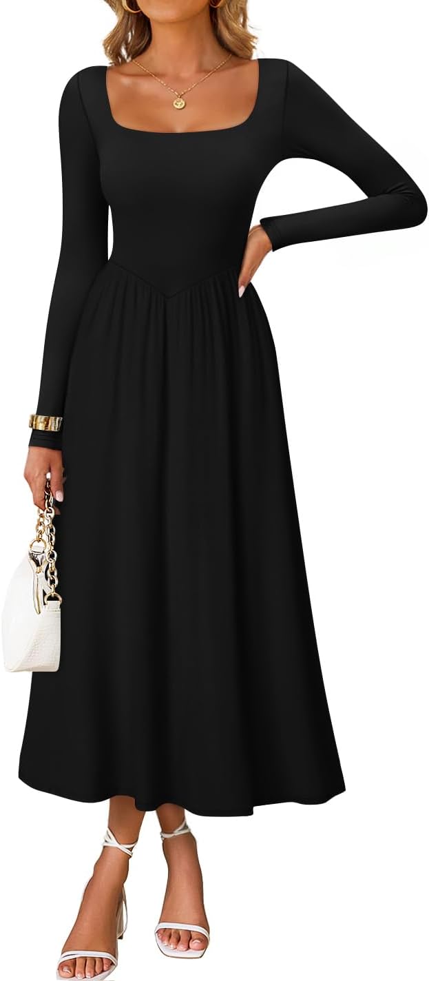 Elegant Classy Square Neck Long Sleeve Midi Dress for Women
