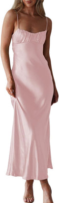 Satin Spaghetti Strap Backless Ruched Twist Midi Dress - Elegant Guest