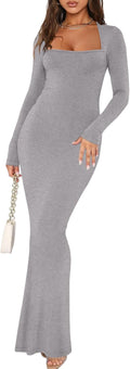 Womens Square Neck Ribbed Long Sleeve Maxi Dress - Soft Fit