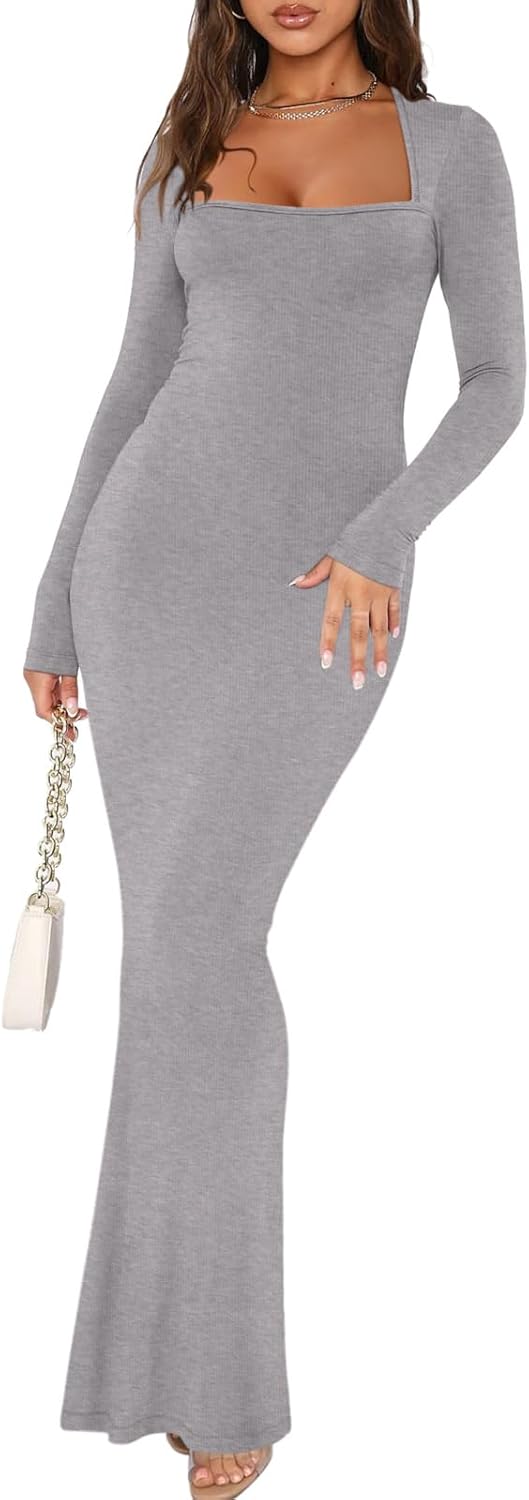 REORIA Womens Basic Sexy Square Neck Long Sleeve Maxi Dress
