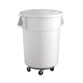 55 Gallon White Round Commercial Trash Can with Lid and Dolly - Heavy