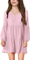 Girls Casual Tunic Dress V Neck with Lantern Sleeves - Soft Polyester