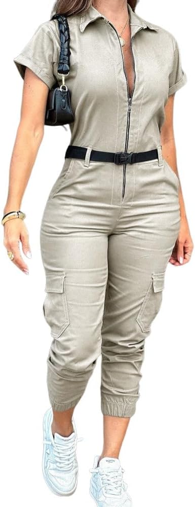 Chic Women's Short Sleeve Jumpsuit with Turn Down Collar Design