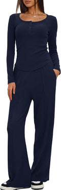 Darong Womens 2 Piece Lounge Set - Comfortable Henley & Wide Leg Pants