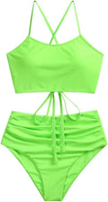 Women's Ruched High Waisted Tankini Swimsuit Criss Cross Bikini Set