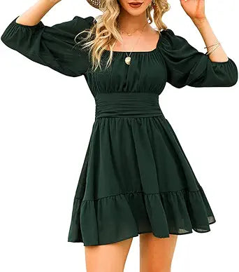 EXLURA Women's Lantern Sleeve Tie Back Casual Mini Dress