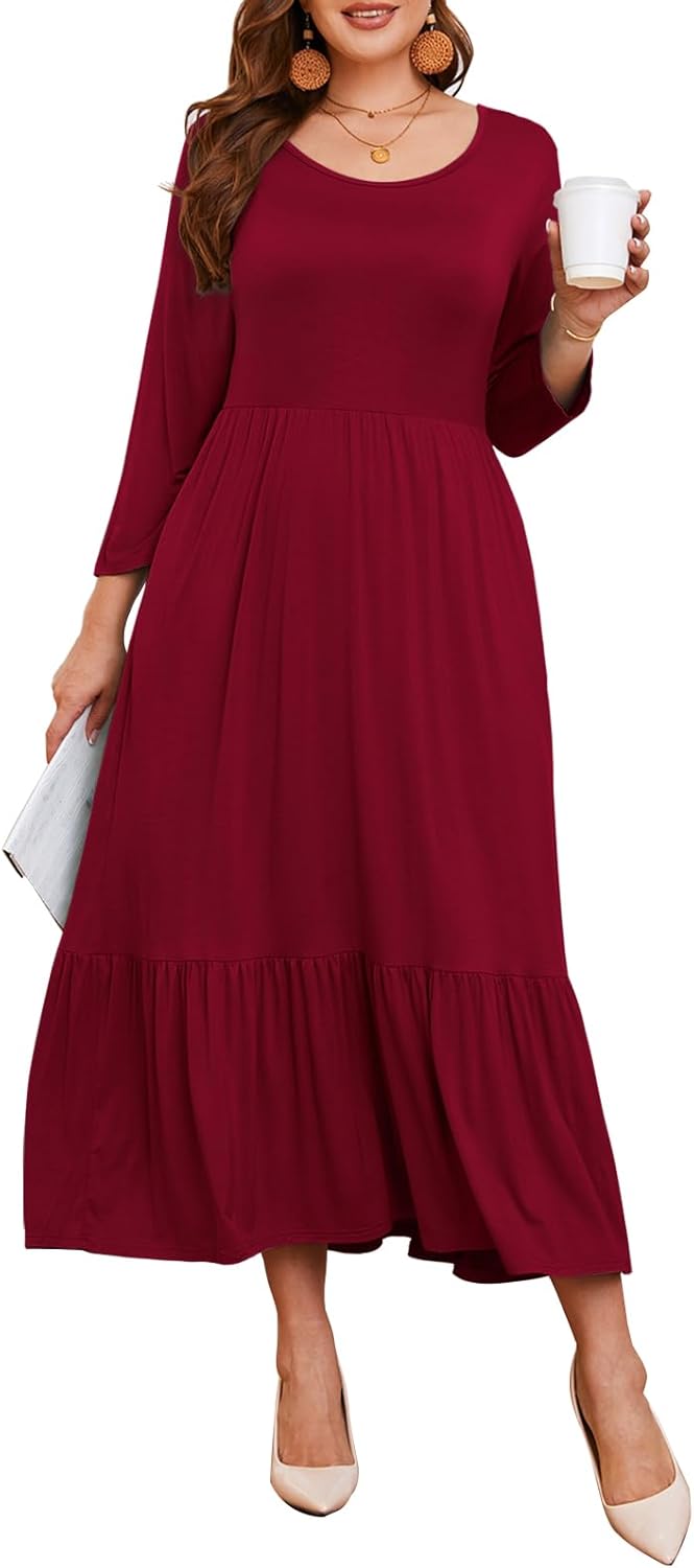 LARACE Plus Size 3/4 Sleeve Casual Maxi Dresses with Pockets