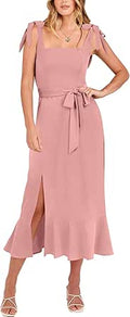 ANRABESS Women's Square Neck Ruffle Split Midi Dress - Elegant