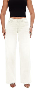 Mid-Low Rise Baggy White Jeans for Women - Stretchy Wide Leg