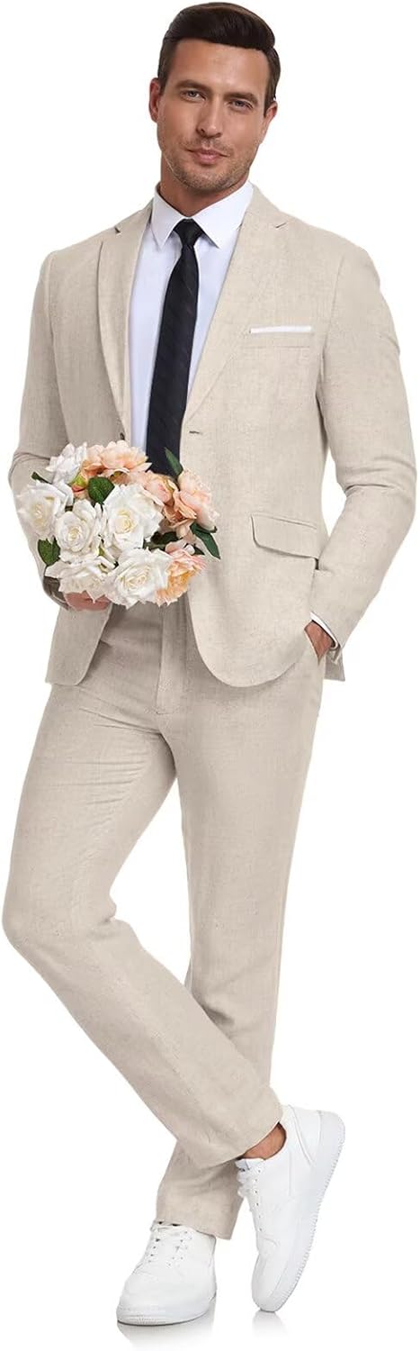 Men's Linen Suit 2 Piece Slim Fit for Summer Beach Weddings