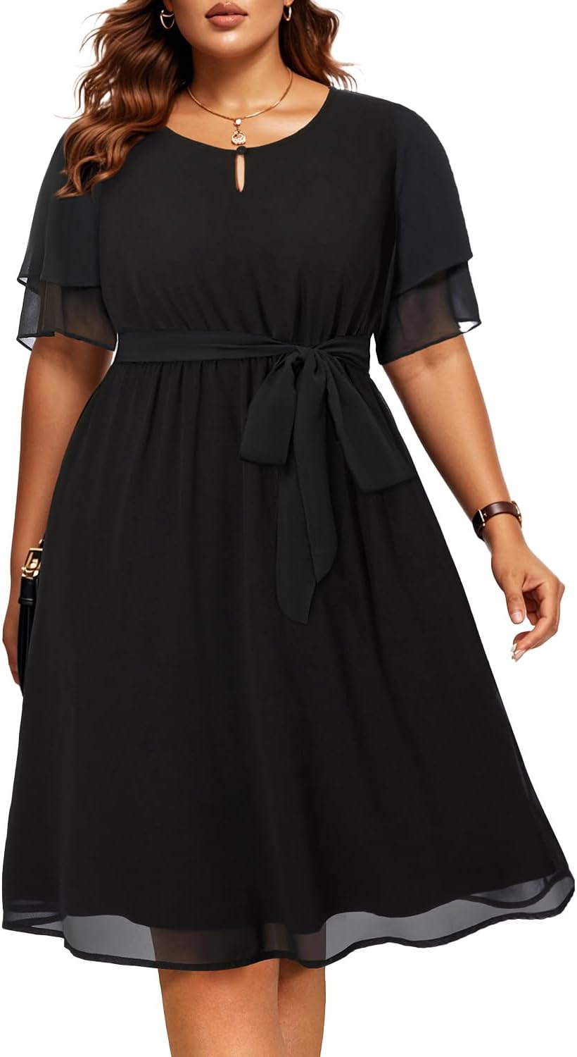 Plus Size Semi Formal Cocktail Chiffon Keyhole Neck Dress
