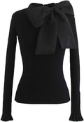 Bow Tied Long Sleeve Knit Top Mock Neck Slim Fitted Elegant Blouse