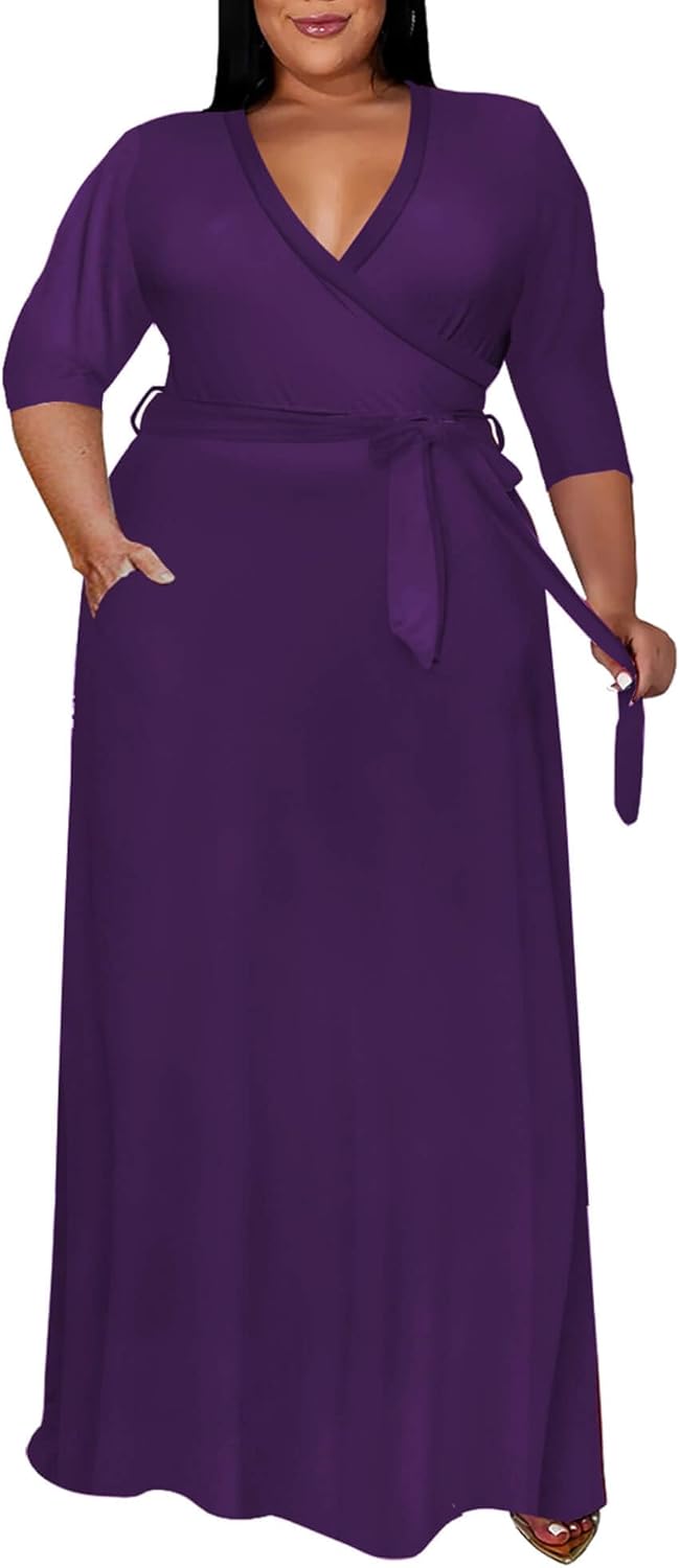 Runwind Plus Size Dress for Women - Elegant V Neck Maxi Style