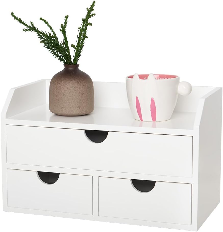 ROSE BLOOM White Wood Desk Organizer with 3 Drawers for Storage
