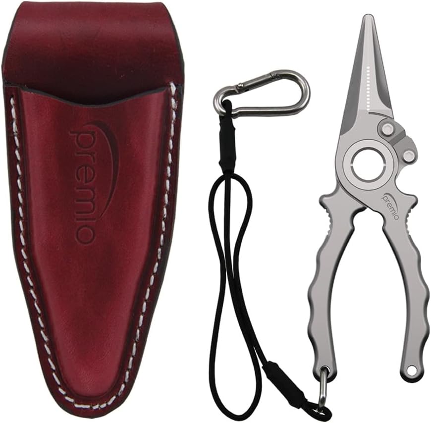 Saltwater Resistant Titanium Fishing Pliers | Halo Hinge, Side Cutters, Leather Sheath