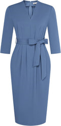Womens Work V Neck 3/4 Sleeve Bodycon Dress with Pockets - Tie Waist