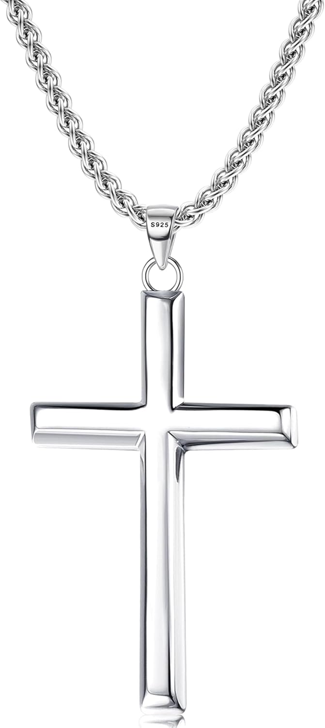 Stylish Solid 925 Sterling Silver Cross Necklace for Men Women