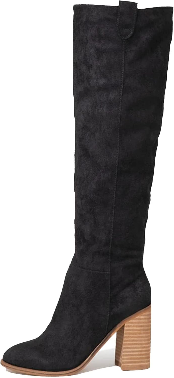 Erocalli Suede Knee-High Boots for Women with Chunky Heels