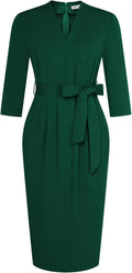 Womens Work V Neck 3/4 Sleeve Bodycon Dress with Pockets - Office Fit