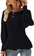 Womens Fall Puff Sleeve Peplum Slim Fit Knit Pullover - Flattering