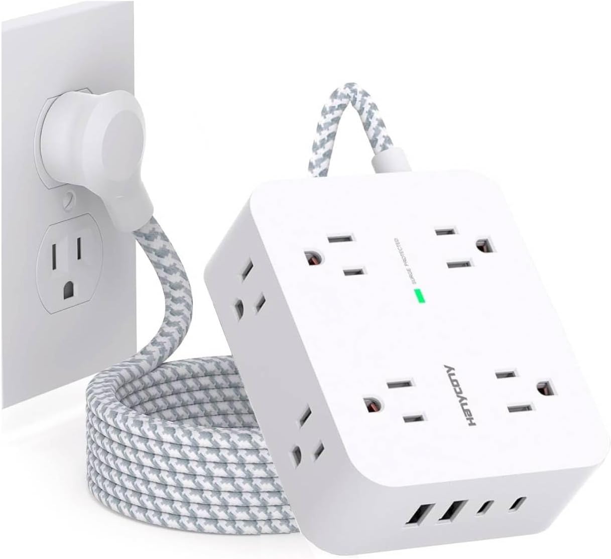HANYCONY Surge Protector Power Strip: 8 AC, 4 USB, Wall-Mountable, 5Ft Cord