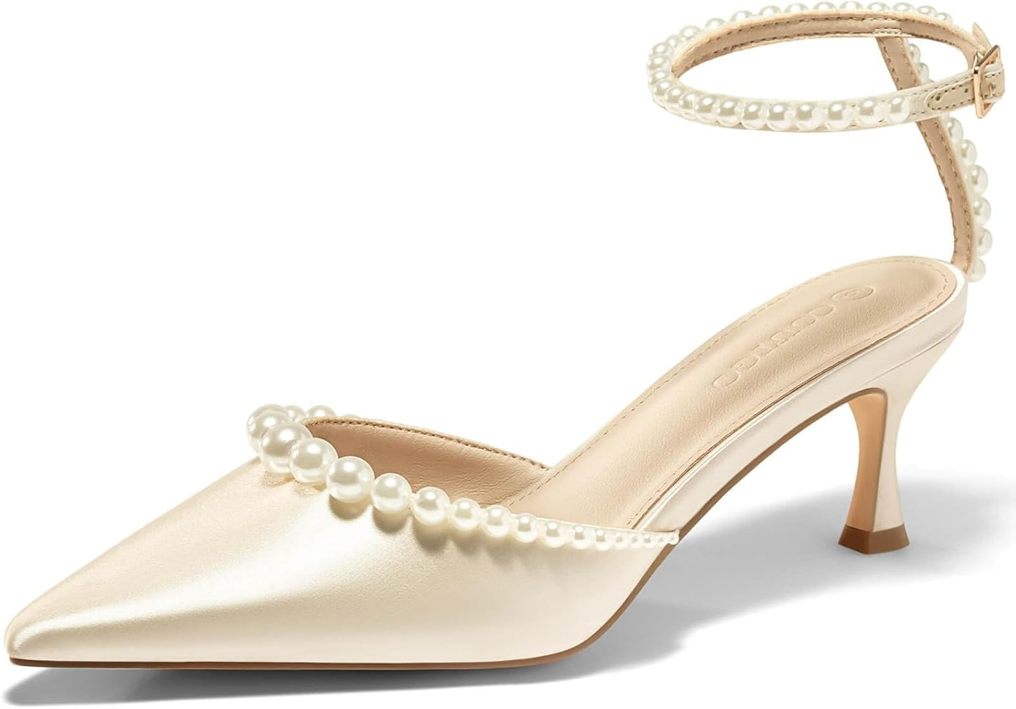 Coutgo Womens Pearl Kitten Heels Closed Pointed Toe Wedding Shoes