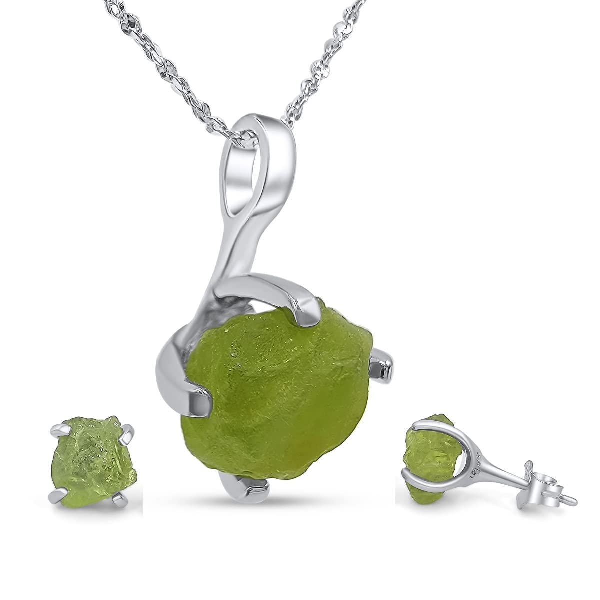 Real Raw Peridot Jewelry Set with 925 Sterling Silver Gift