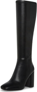 Women's Faux Leather Knee High Boots Square Toe Chunky Heel - Stylish