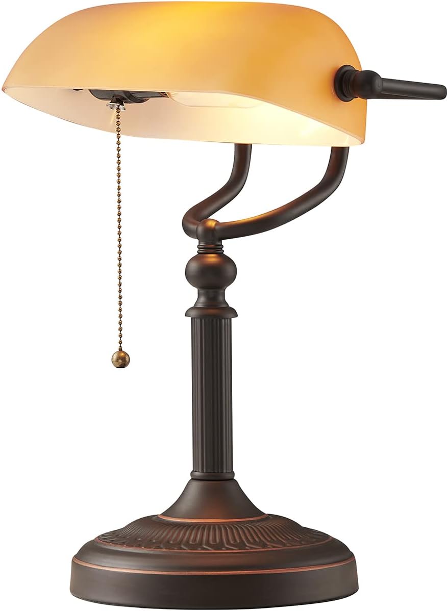 Matted Orange Glass Bankers Desk Lamp with Pull Chain Switch