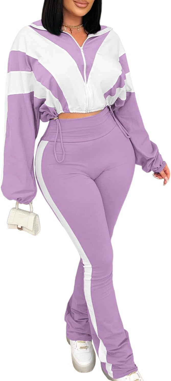 Stylish Color Block Long Sleeve Zip Jacket and Pants Set